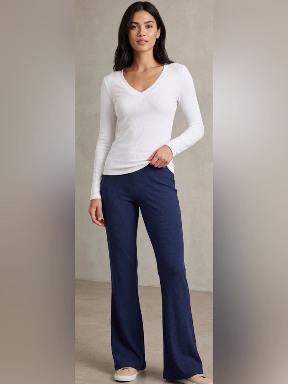 Navy‎ Blue Flare Pants & Crisp White Long Sleeve Set S